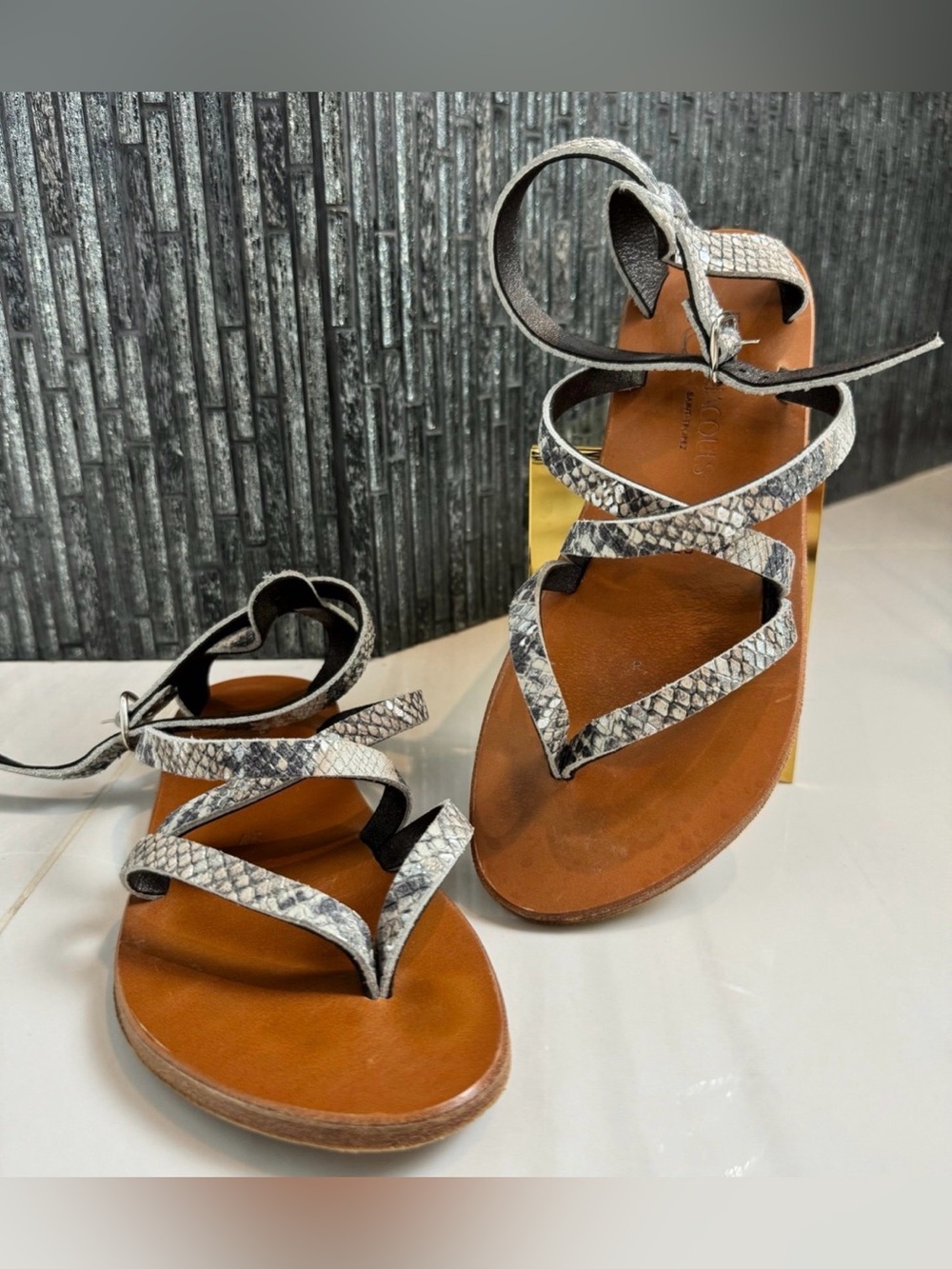 🐍K Jacques St Tropez Silver Snake Print Epicure Flat Sandals Size 37